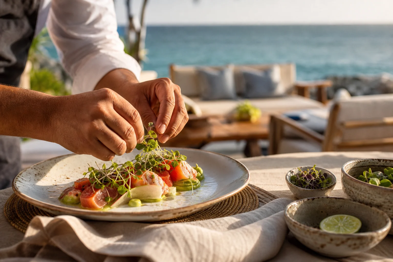 A chef plating a fresh dish beside a beach lounge