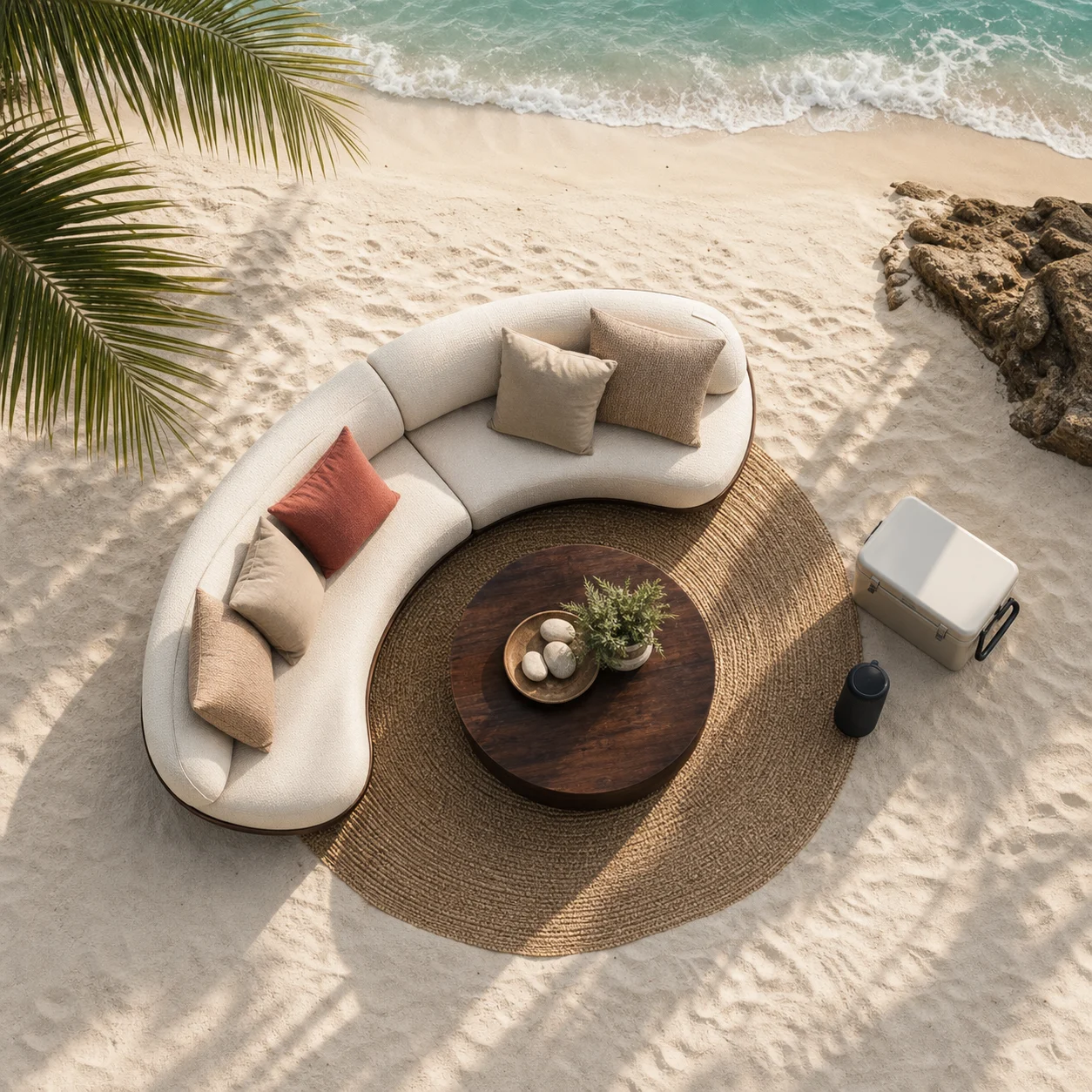 Overhead view of a curved cream couch, coffee table, cooler and speaker arranged on the sand